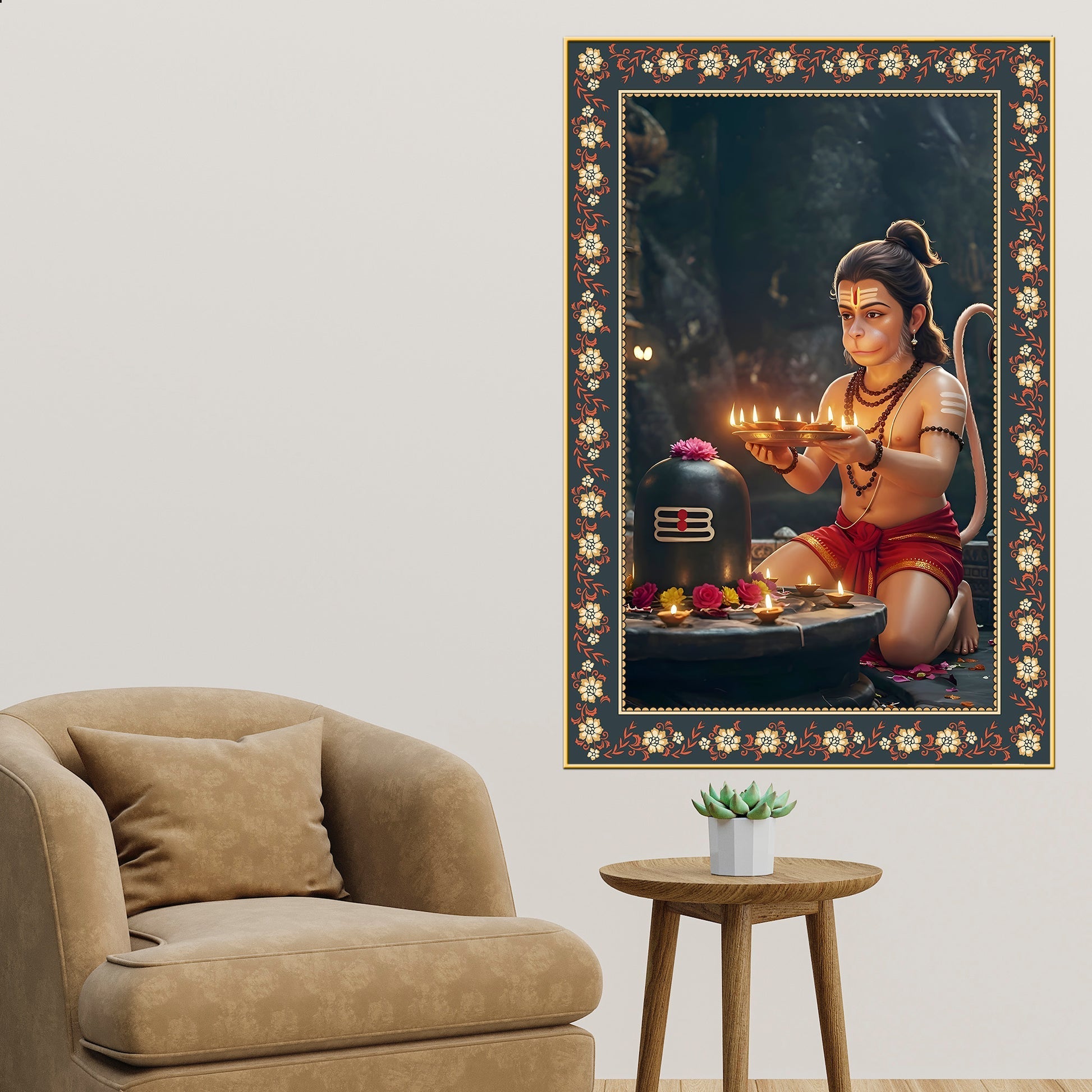 Bal Hanuman with Shivling Floral Border Vertical Wall Painting Secondary image