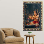 Bal Hanuman with Shivling Floral Border Vertical Wall Painting