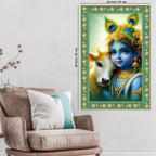 Bal Krishna with Cow Floral Border Vertical Wall Painting