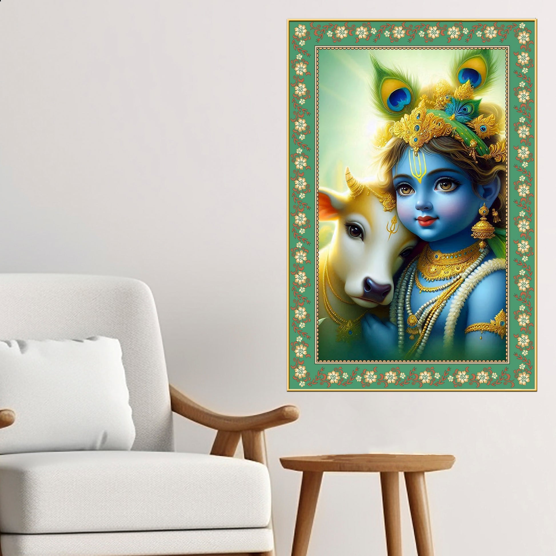 Bal Krishna with Cow Floral Border Vertical Wall Painting Secondary image