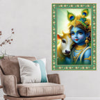 Bal Krishna with Cow Floral Border Vertical Wall Painting