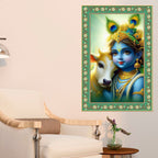 Bal Krishna with Cow Floral Border Vertical Wall Painting