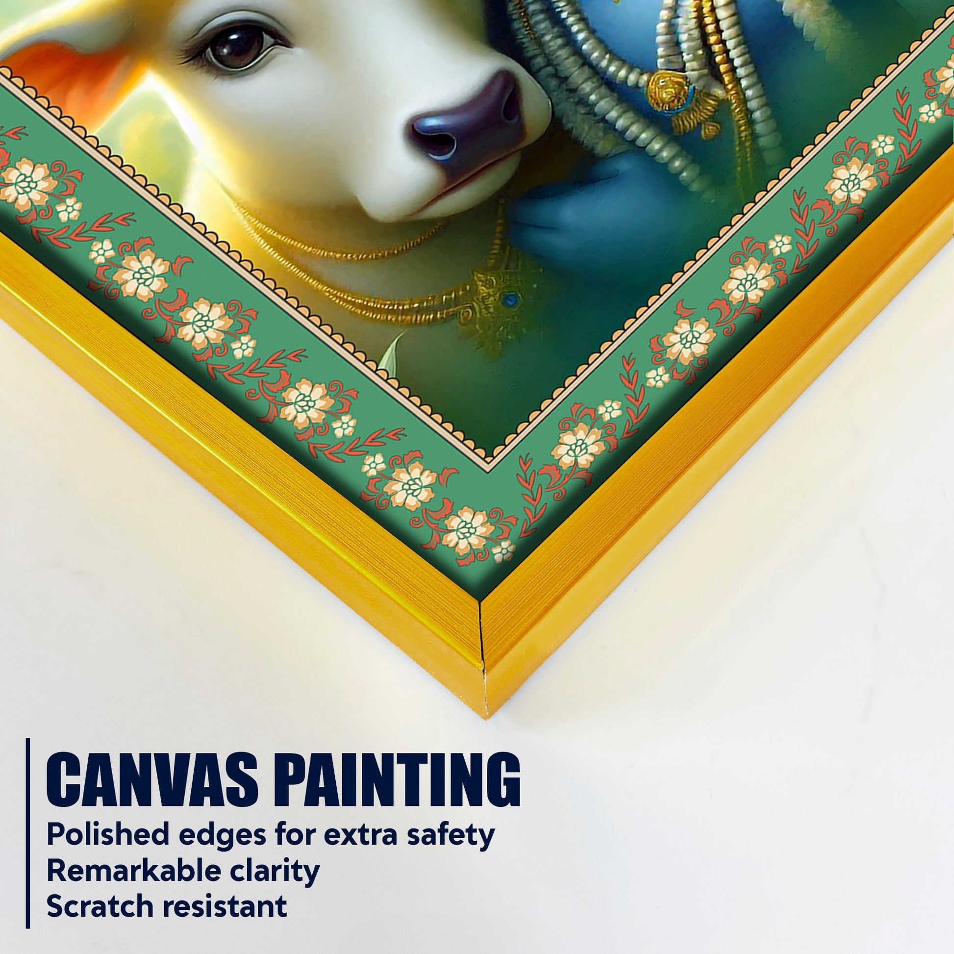 Bal Krishna with Cow Floral Border Vertical Wall Painting