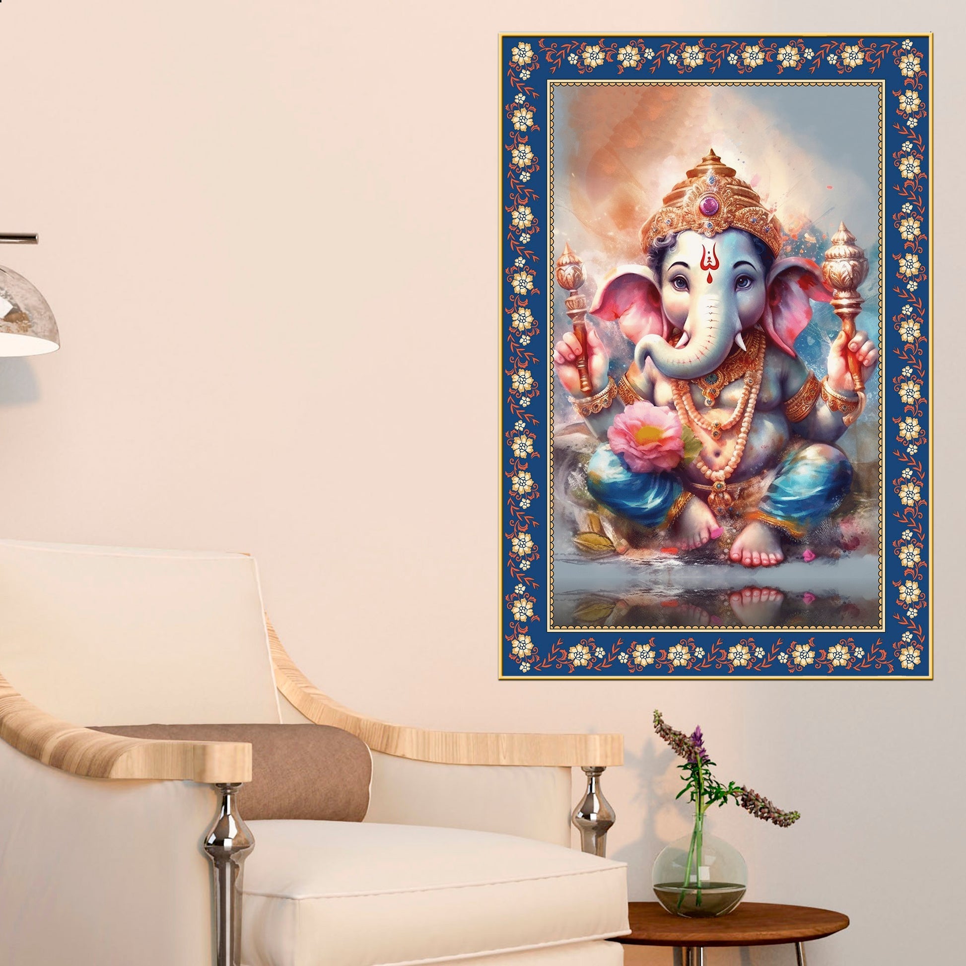 Beautiful Bal Ganesha Floral Border Vertical Wall Painting Secondary image