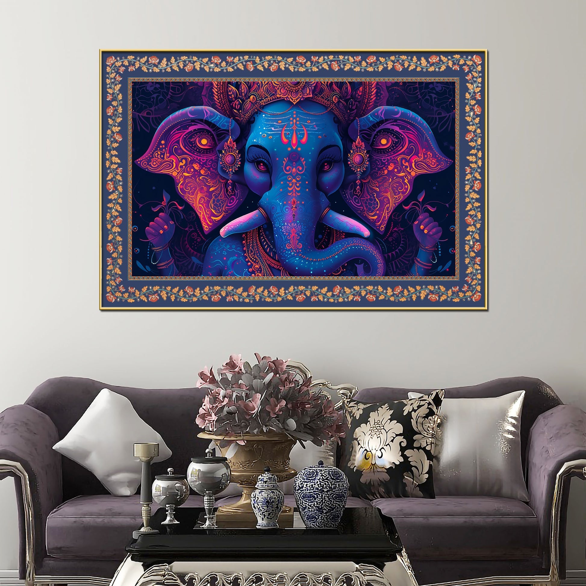 Beautiful Design Shree Ganesha Floral Border Canvas Wall Painting Secondary image