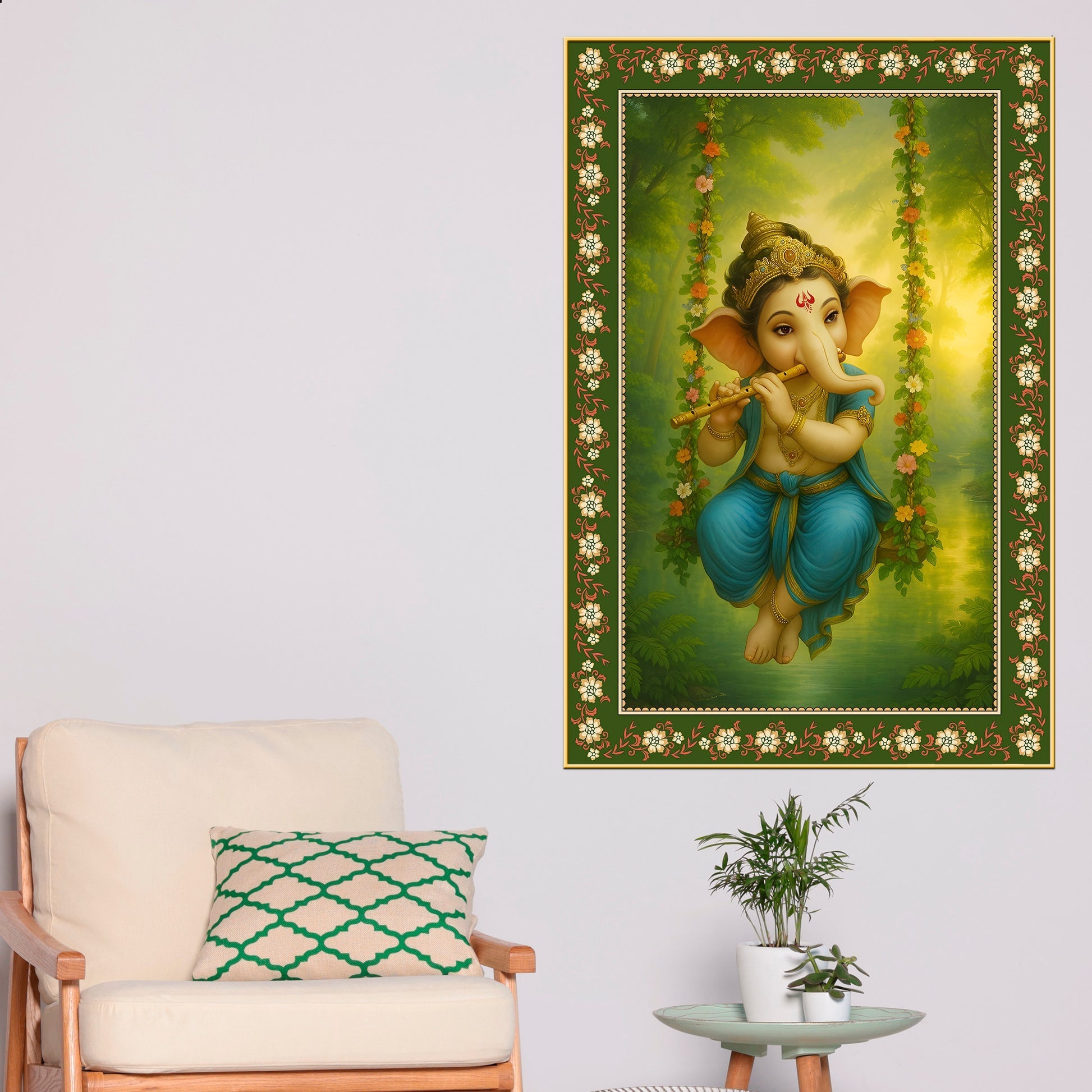 Beautiful Ganesh with Flute Floral Border Vertical Wall Painting Secondary image