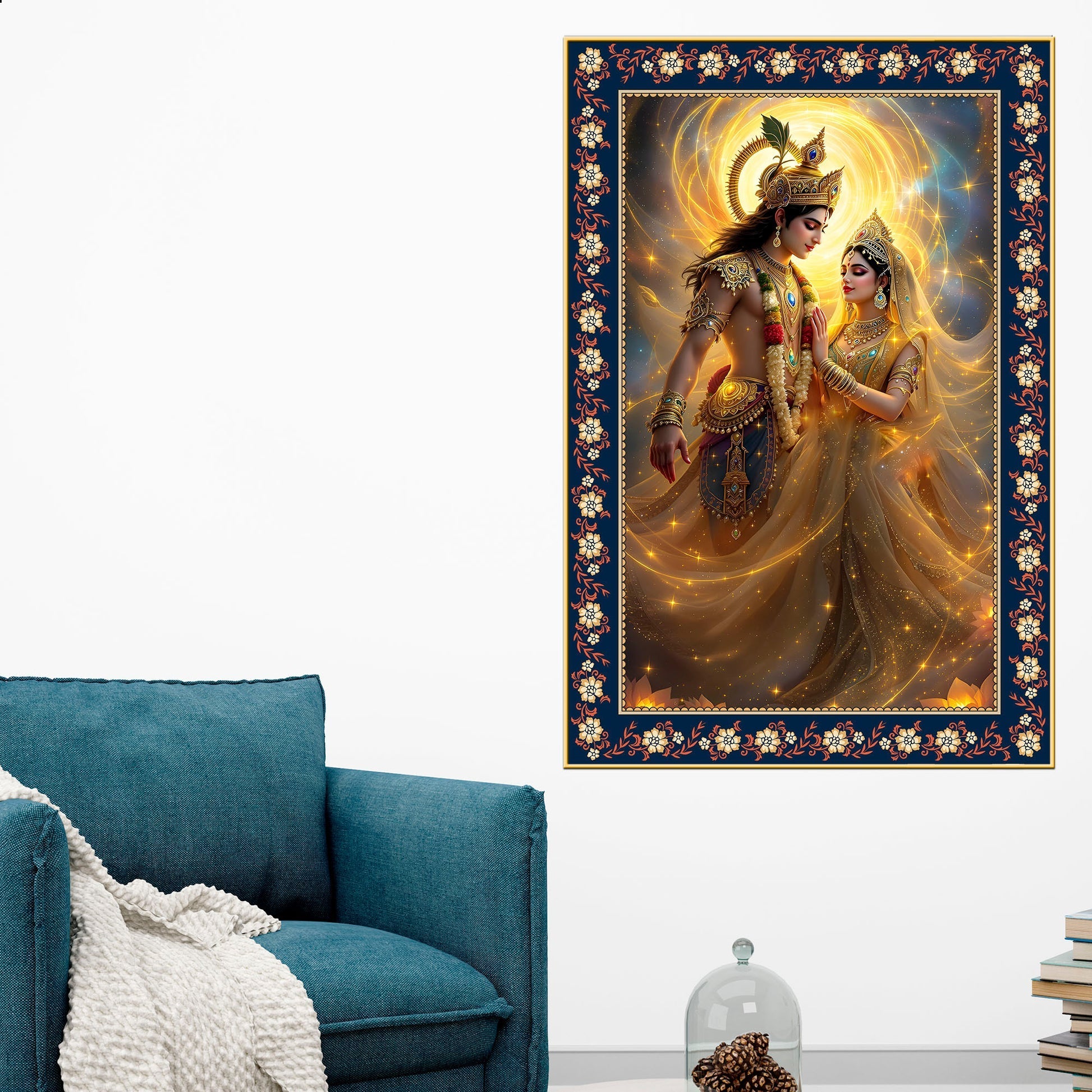Beautiful Radha Krishna Divine Floral Border Vertical Wall Painting