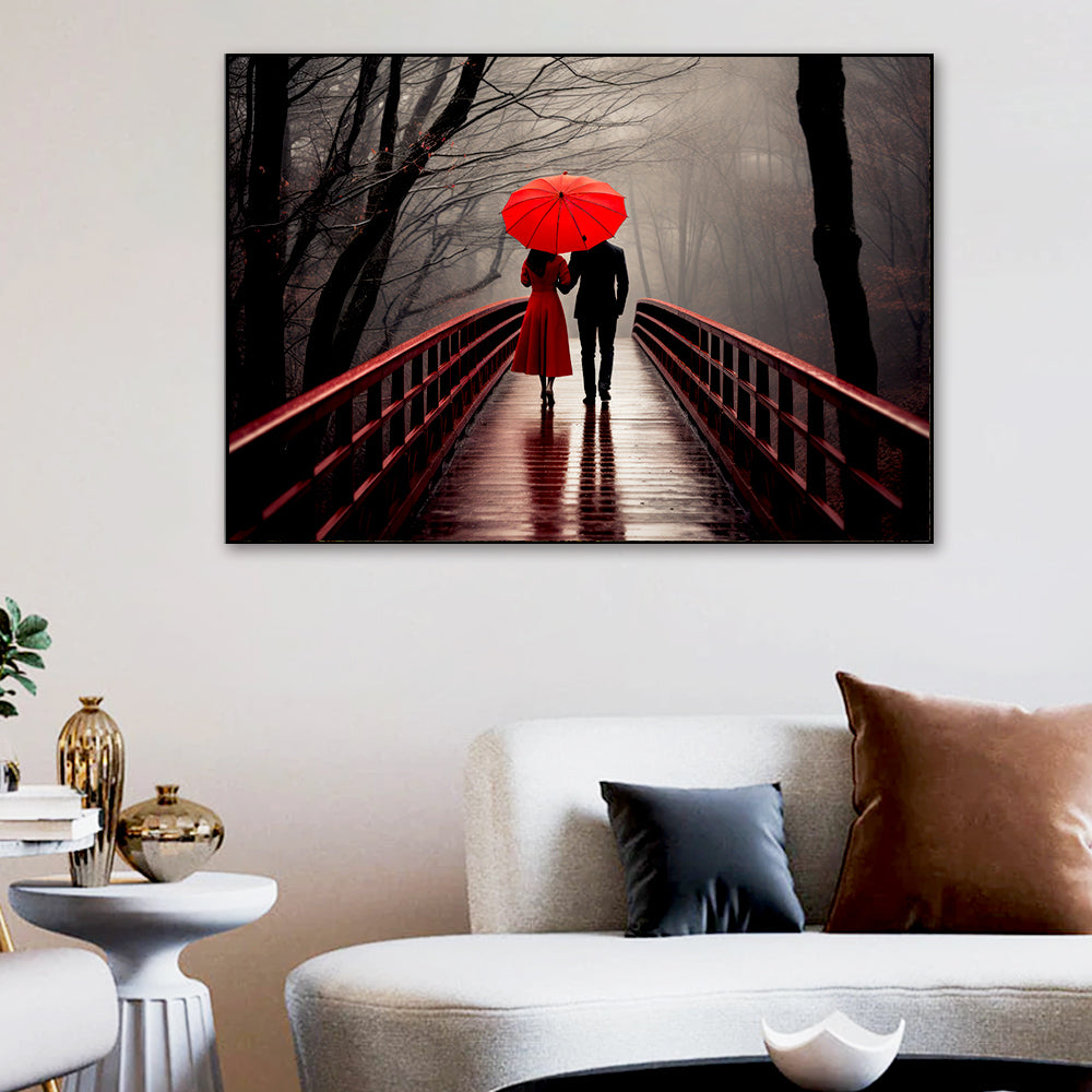 Beautiful Couple with Red Umbrella Under the Rain Canvas Wall Paintings & Arts Main image