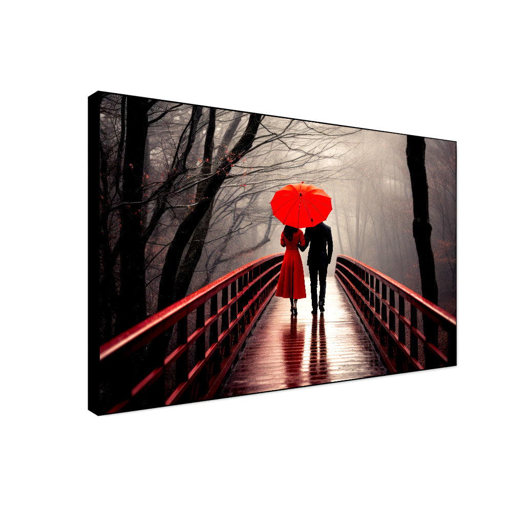 Beautiful Couple with Red Umbrella Under the Rain Canvas Wall Paintings & Arts Secondary image