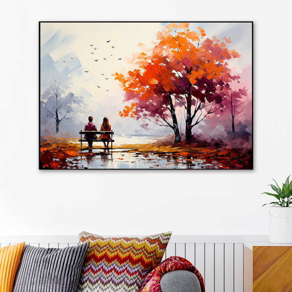 Beautiful Couple Sit on A Bench and Look at The Mountains Canvas Wall Paintings & Arts Main image