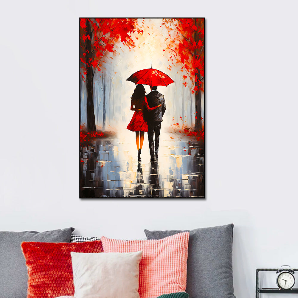 Beautiful Couple Walking Rain Umbrella Black Red Color Palette Holding Hand Wall Paintings & Arts Main image