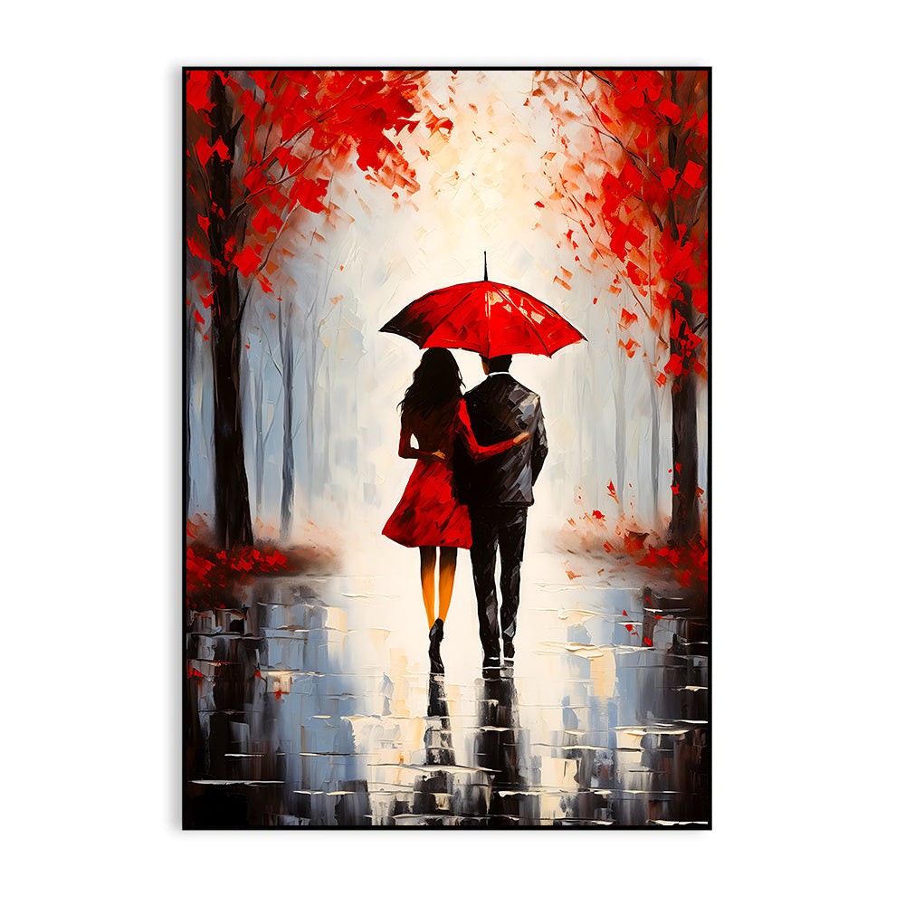 Beautiful Couple Walking Rain Umbrella Black Red Color Palette Holding Hand Wall Paintings & Arts Secondary image