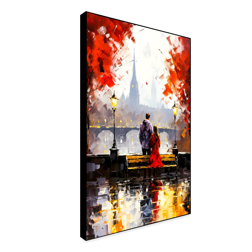 Young Couple Artwork Sitting on Bench Canvas Wall Paintings & Arts Secondary image