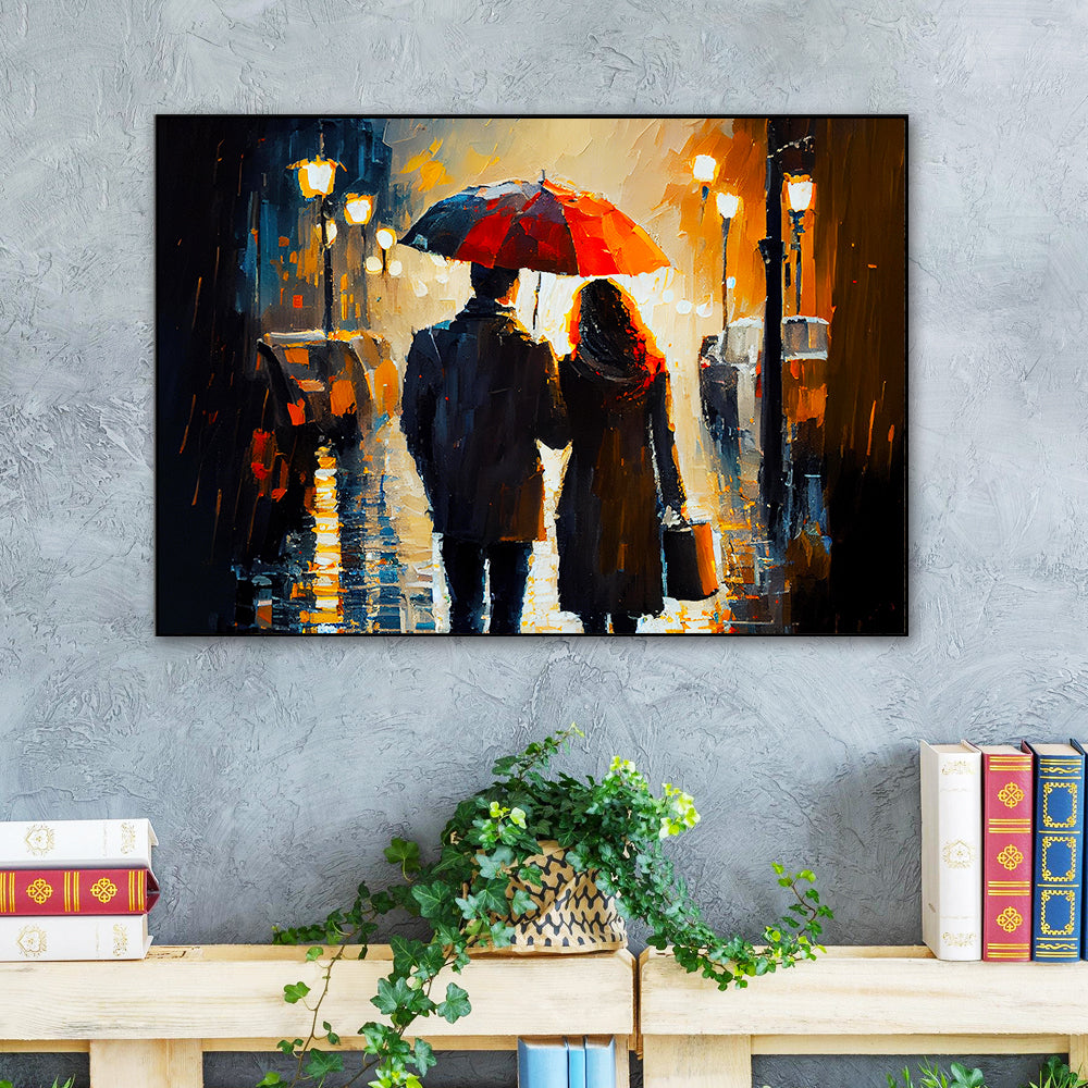 Beautiful Couple Walking in The Rain Holding an Umbrella Canvas Wall Paintings & Arts Main image