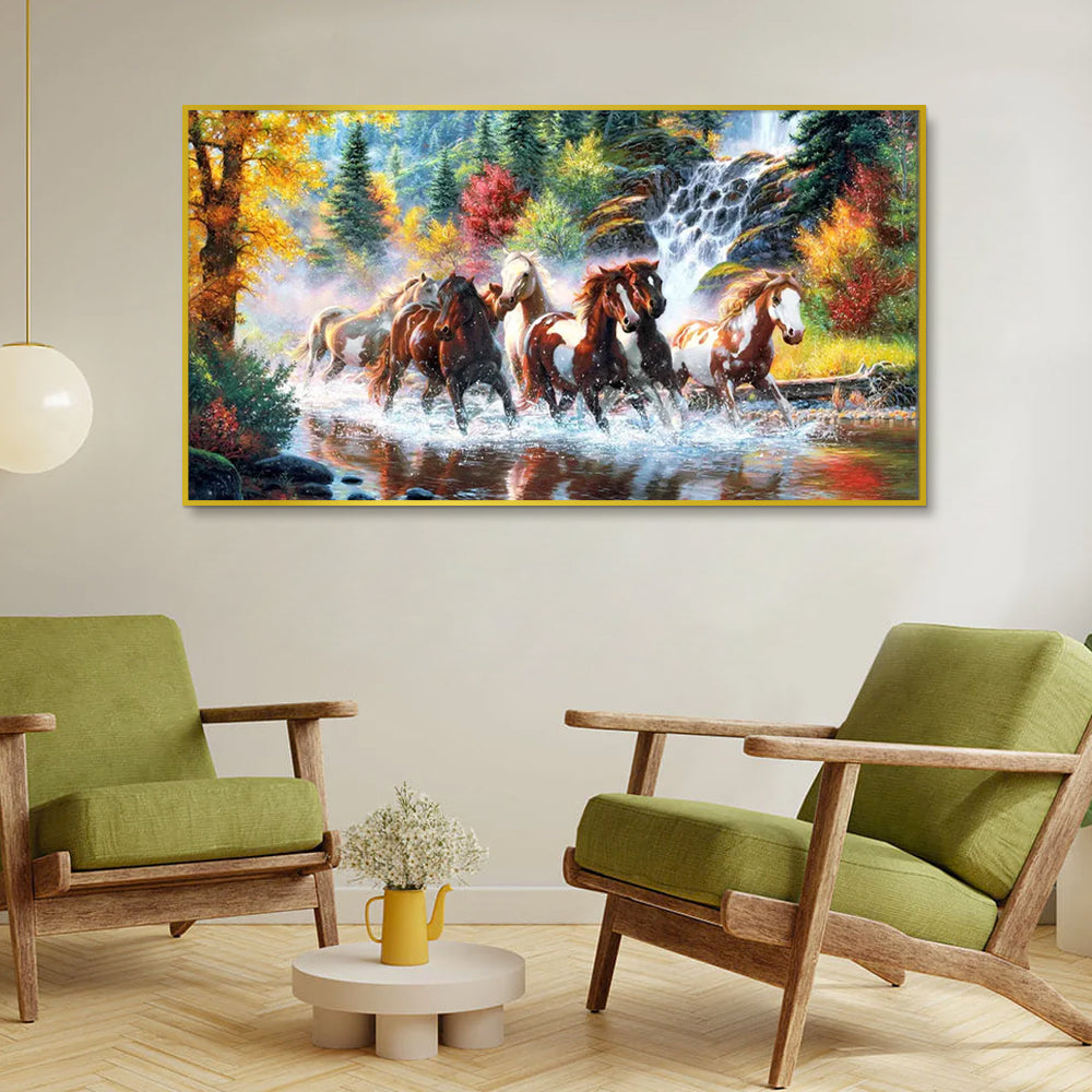 Seven Running Horses in Water Canvas  Big Panoramic Wall Painting Main image