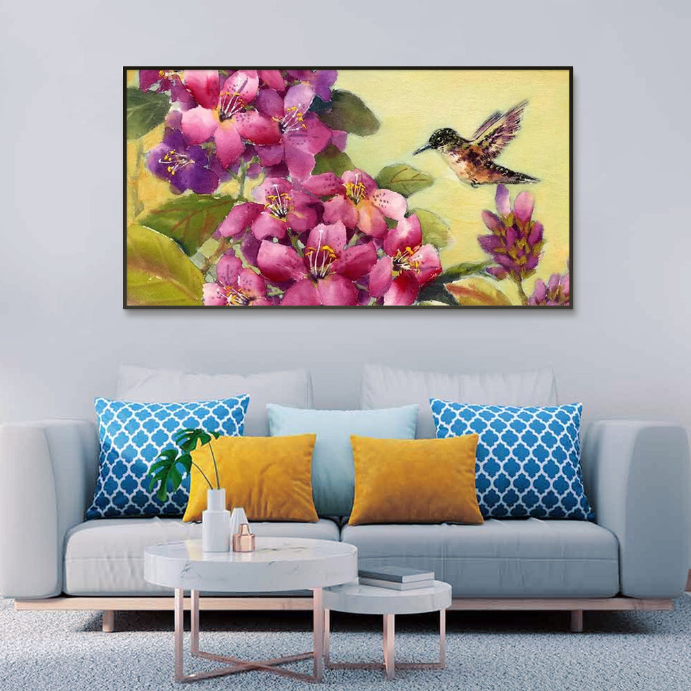 Beautiful Flower Bunch and Humming Bird Canvas  Wall Painting Main image