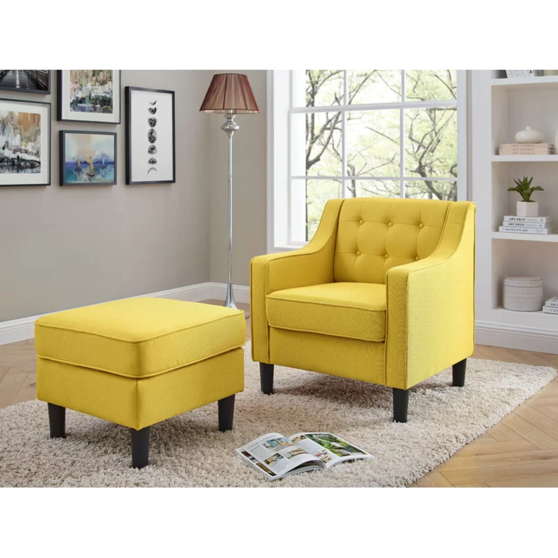 Yellow Tufted Comfy Lounge Chair With Ottoman Secondary image