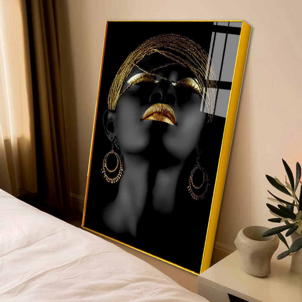 Beautiful Black and Gold African Woman Fantastic Make Up Face Acrylic Wall Paintings Secondary image