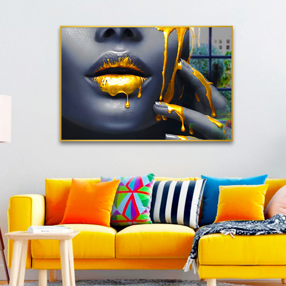 Women Lips Gold Drip Poster Fashion Girl Artwork Acrylic Wall Paintings Main image