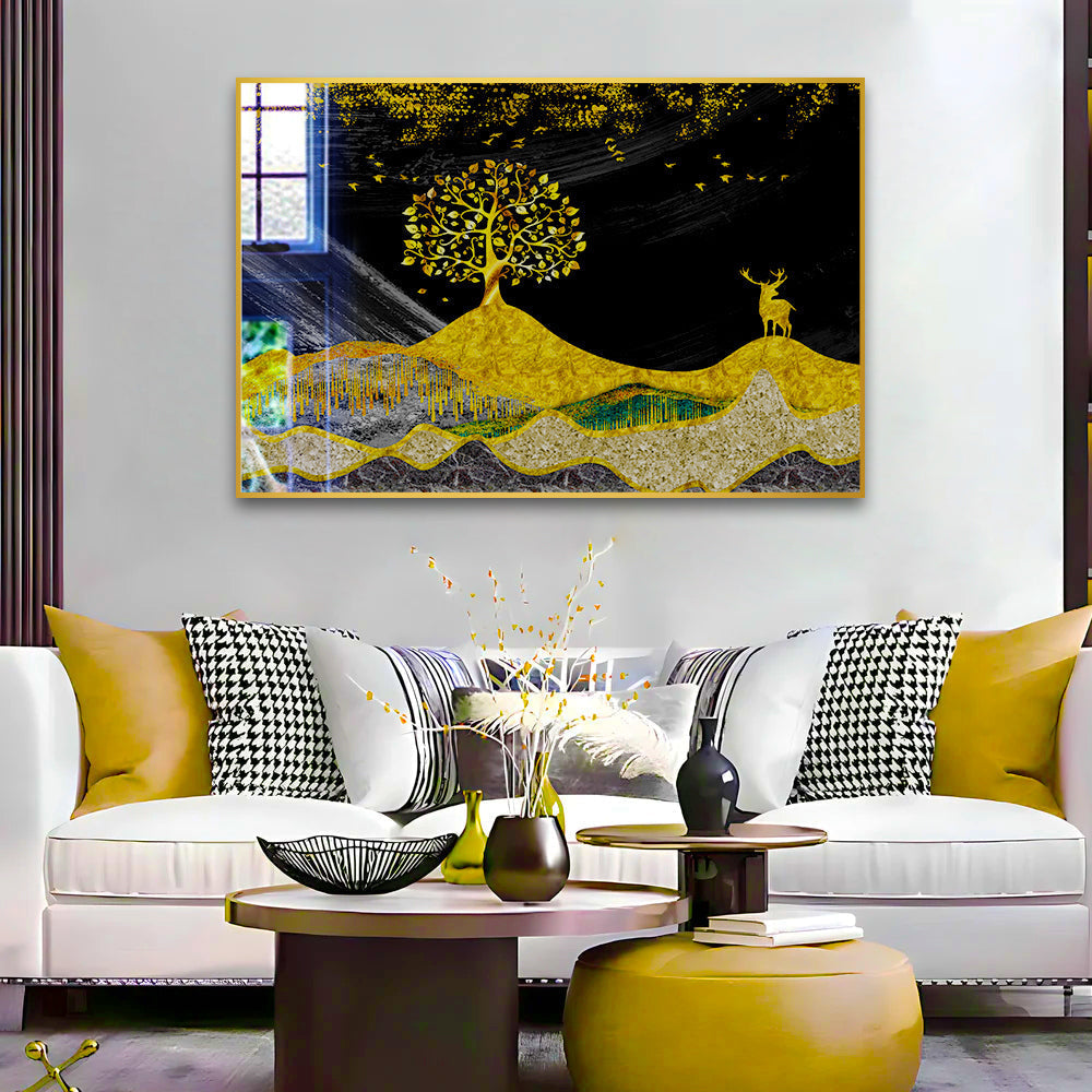 Beautiful Golden Tree With Deer Acrylic Wall Paintings & Arts Main image