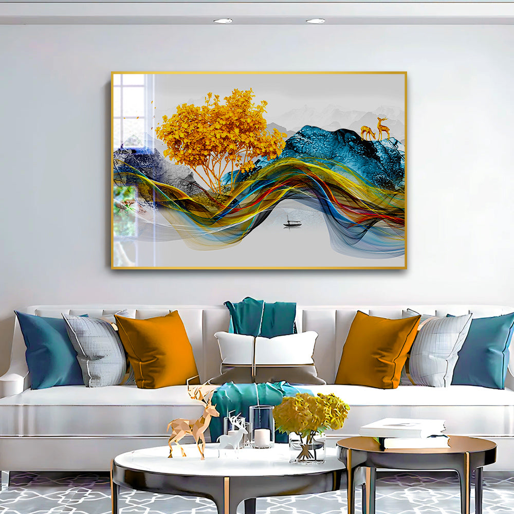 Beautiful Golden Tree With Deer Nature Acrylic Wall Paintings & Arts Main image