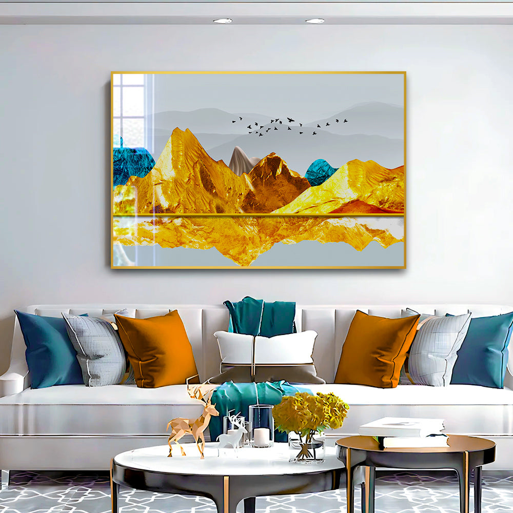 Beautiful Golden Nature With Flying Birds Acrylic Wall Paintings & Arts Main image