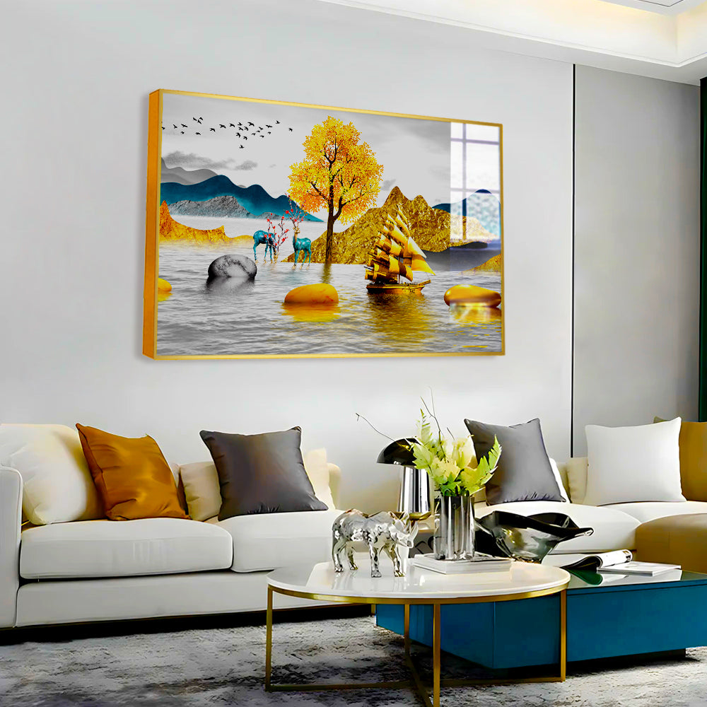Beautiful Golden Nature With Deer Acrylic Wall Paintings & Arts Secondary image