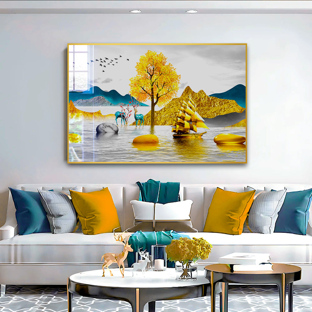 Beautiful Golden Nature With Deer Acrylic Wall Paintings & Arts Main image