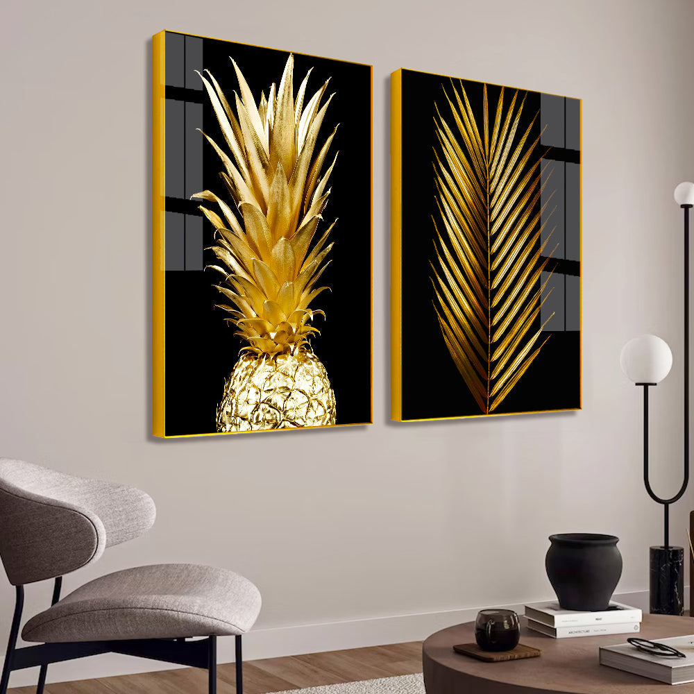 Beautiful Golden Pineapple & Palm Leaf Modern Acrylic Wall Paintings & Arts Secondary image
