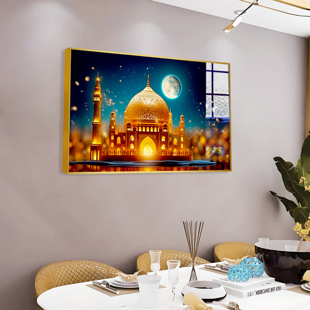 Beautiful Golden Islamic Mosque in Moon Light Acrylic Wall Paintings & Arts