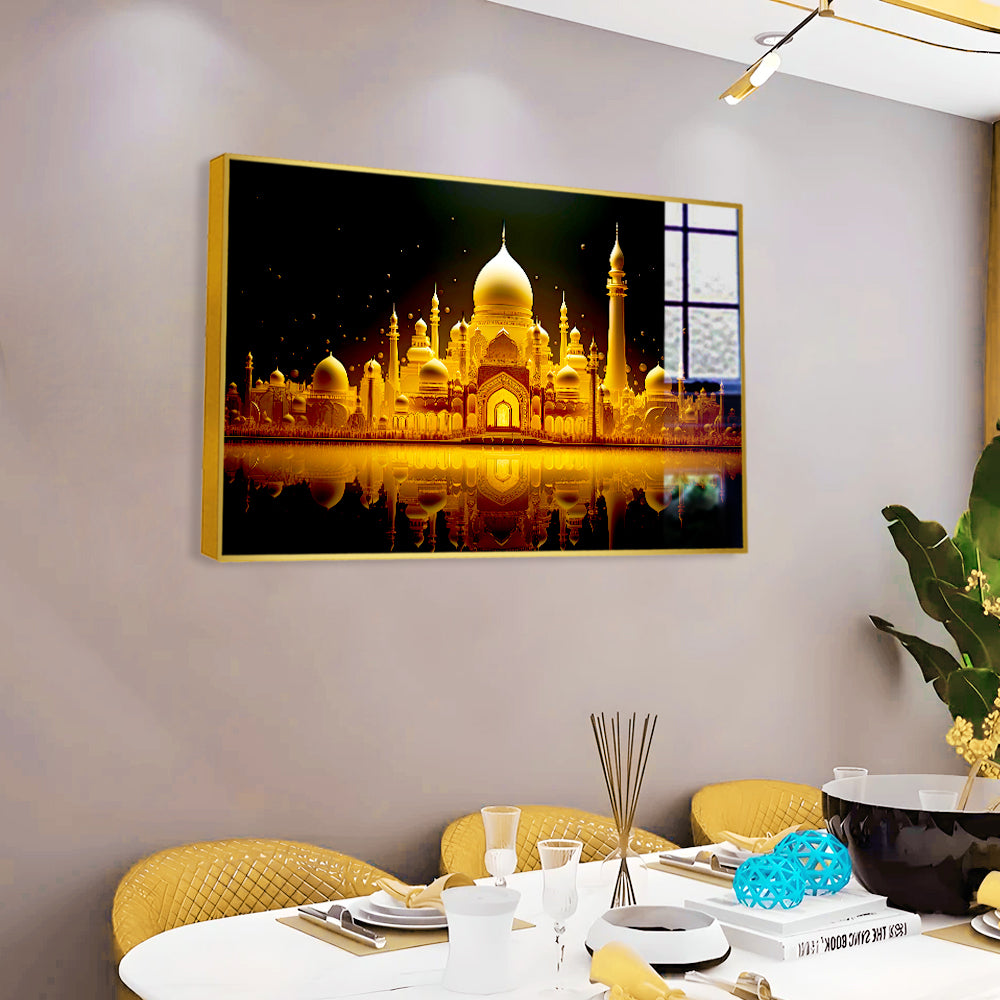 Beautiful Golden Islamic Mosque in Night Light Acrylic Wall Paintings & Arts Secondary image