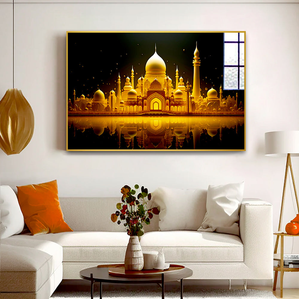 Beautiful Golden Islamic Mosque in Night Light Acrylic Wall Paintings & Arts Main image