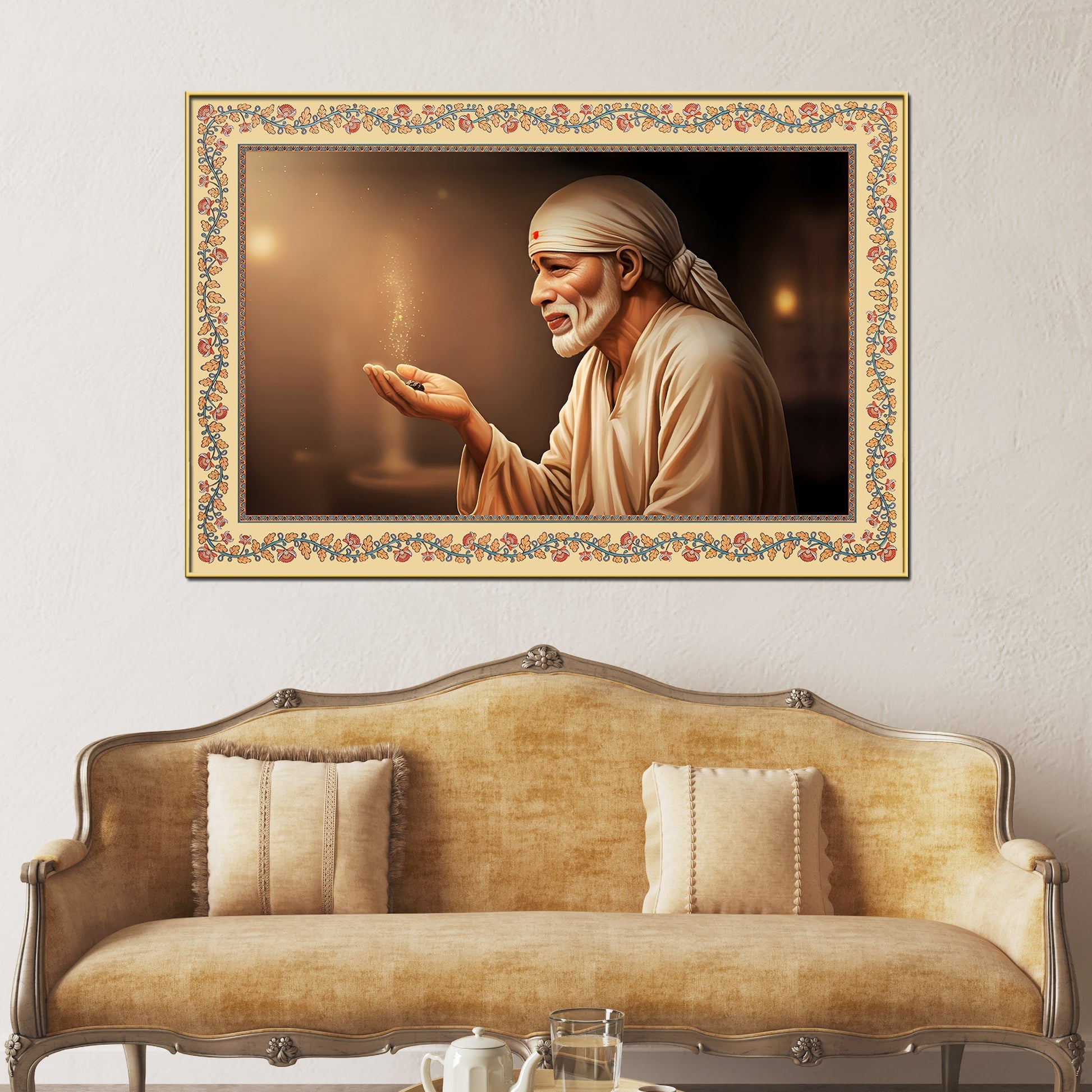 Sacred Shirdi Sai Baba Floral Border Canvas Wall Painting Secondary image
