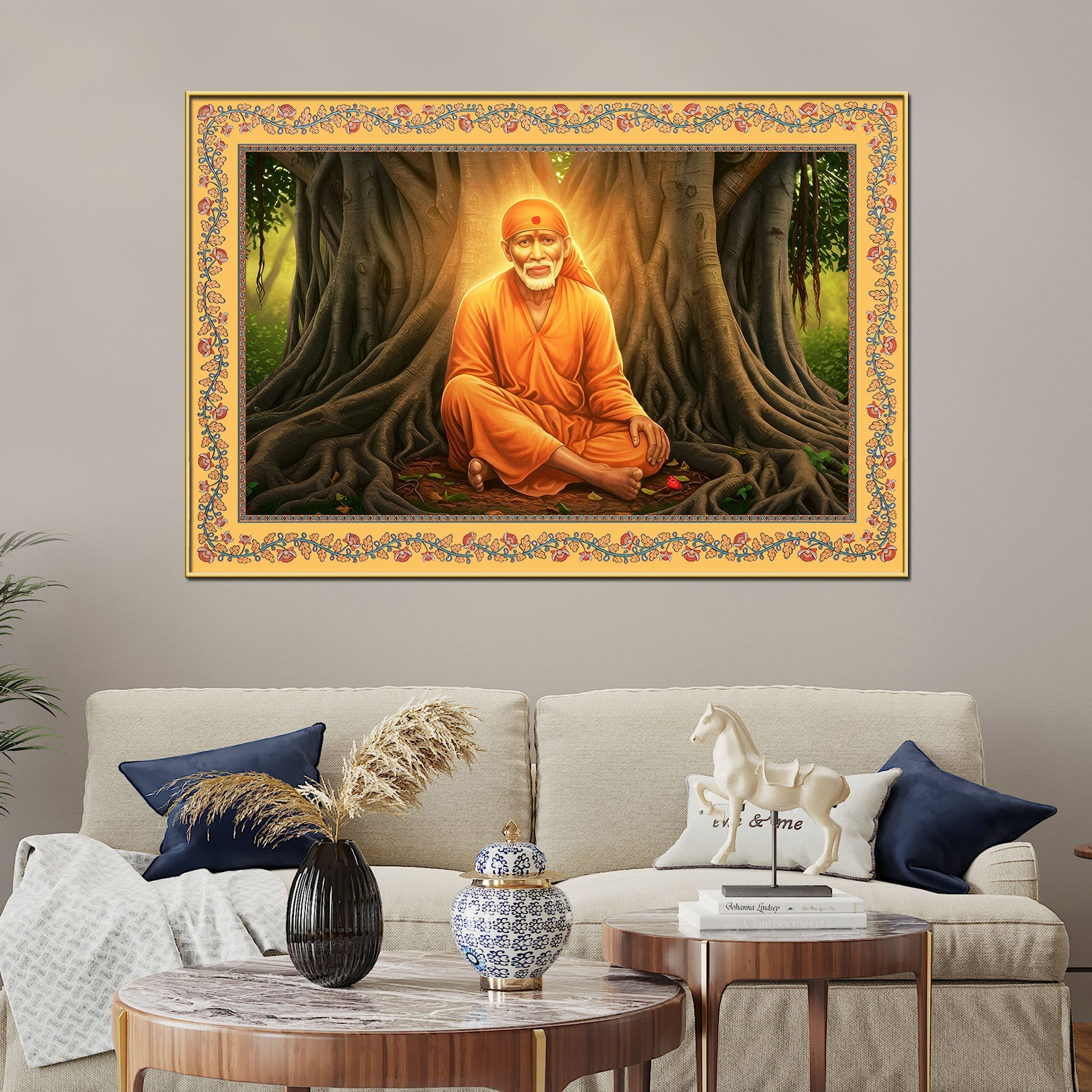 Sai Baba Under the Tree Floral Border Canvas Wall Painting Main image