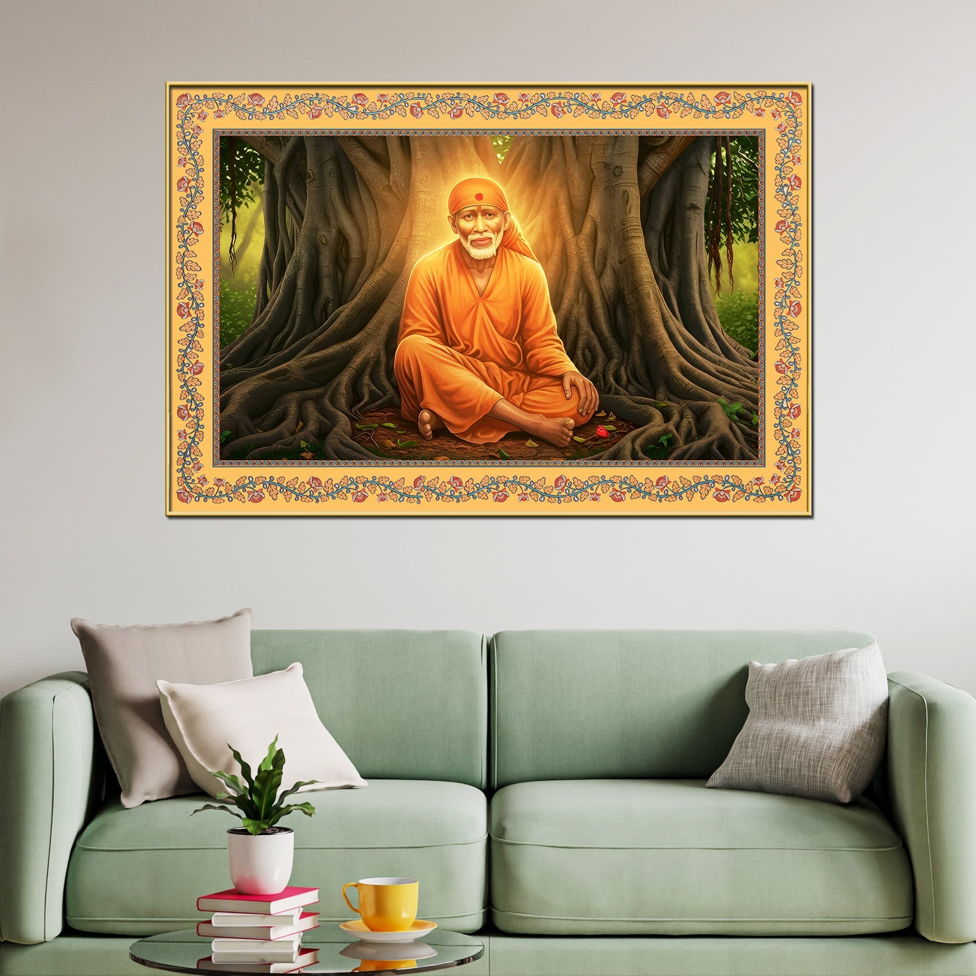 Sai Baba Under the Tree Floral Border Canvas Wall Painting Secondary image