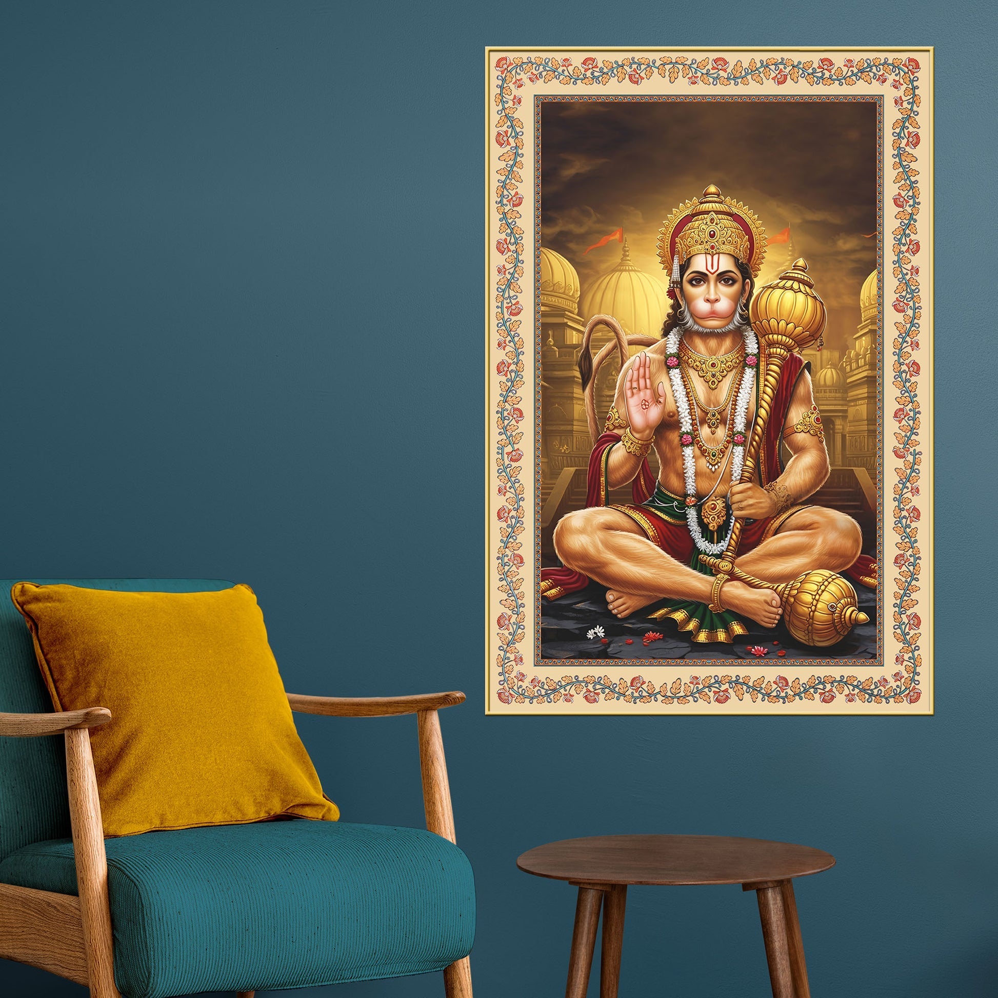 Sankat Mochan Hanuman Floral Border Vertical Canvas Wall Painting Secondary image