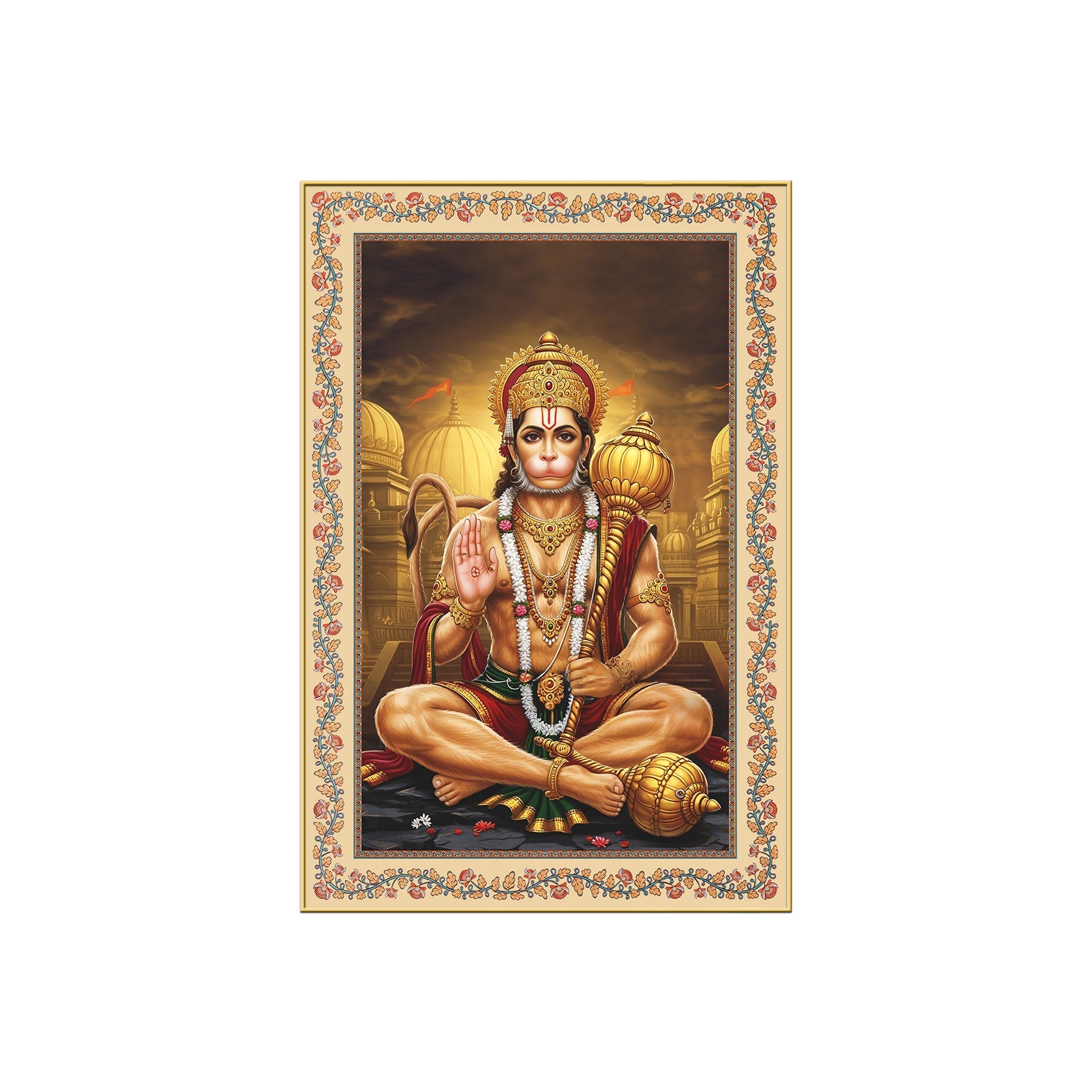 Sankat Mochan Hanuman Floral Border Vertical Canvas Wall Painting