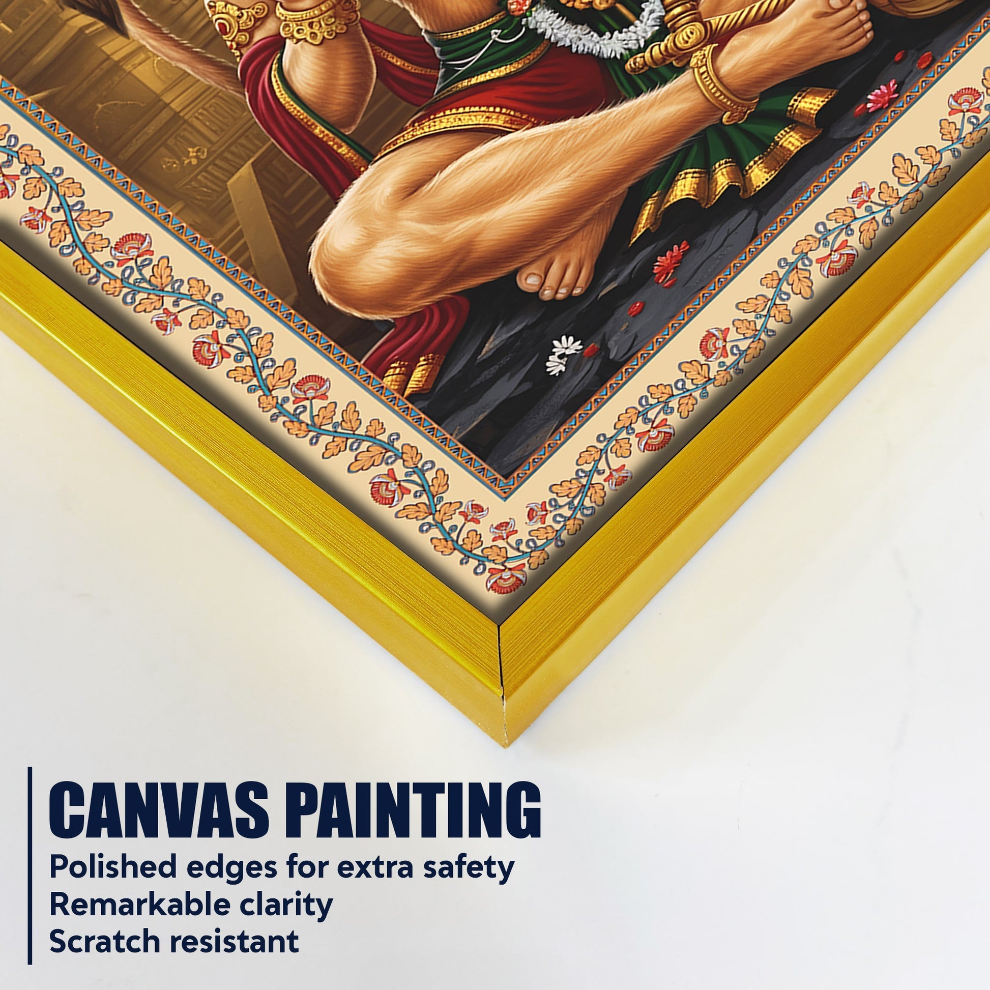 Sankat Mochan Hanuman Floral Border Vertical Canvas Wall Painting
