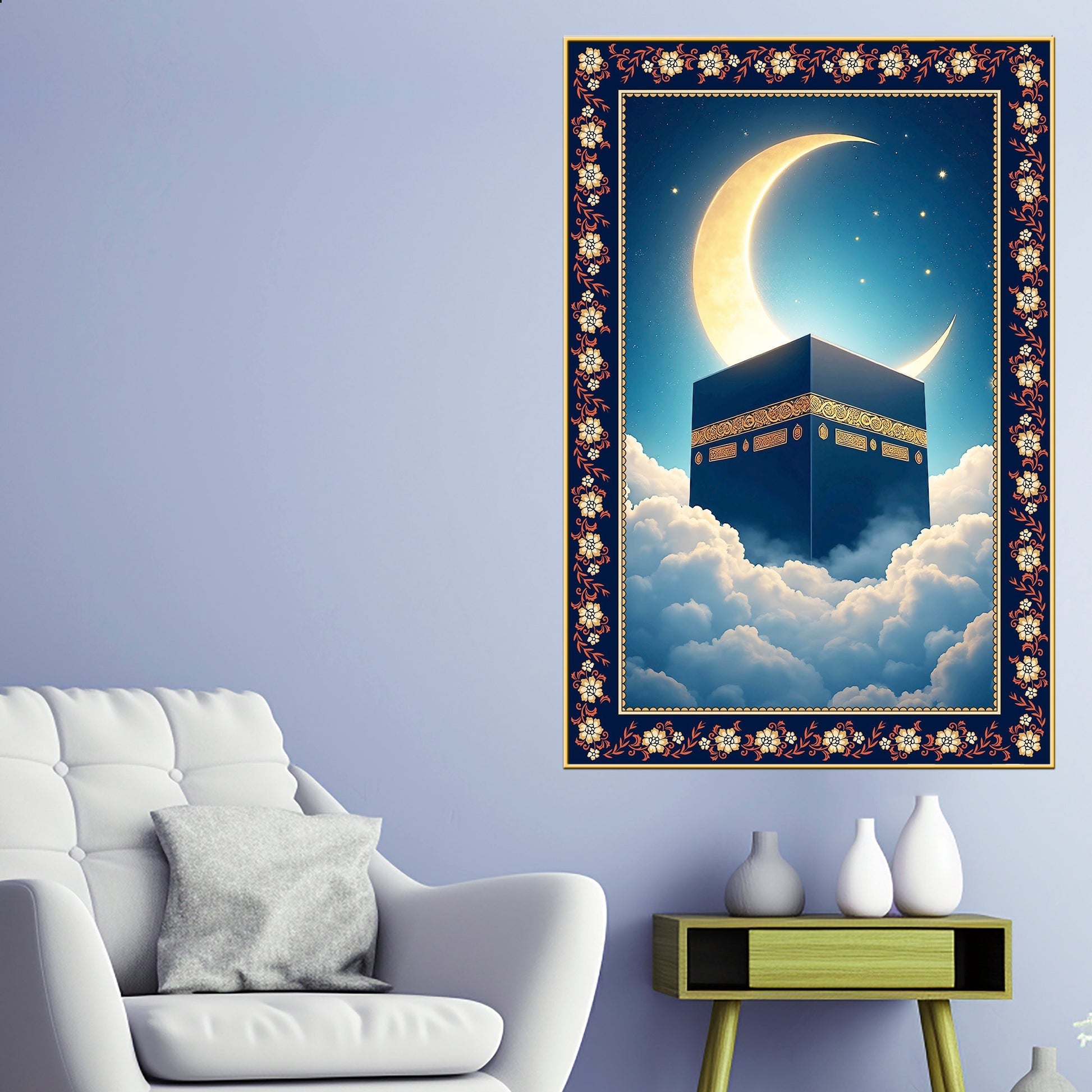Serene Kaaba Black Cube Floral Border Vertical Wall Painting Main image