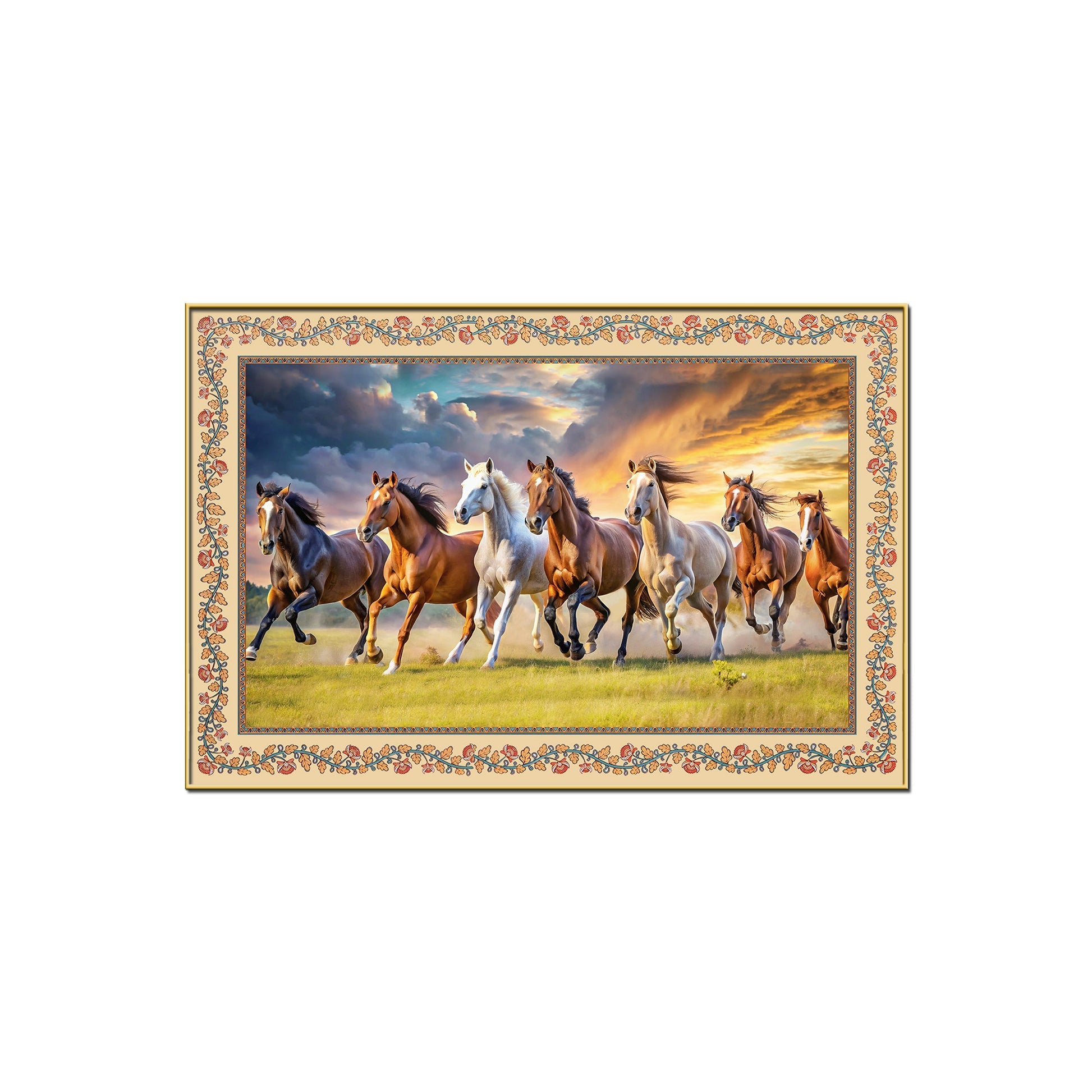 Seven Horses Running Floral Border Canvas Wall Painting Main image