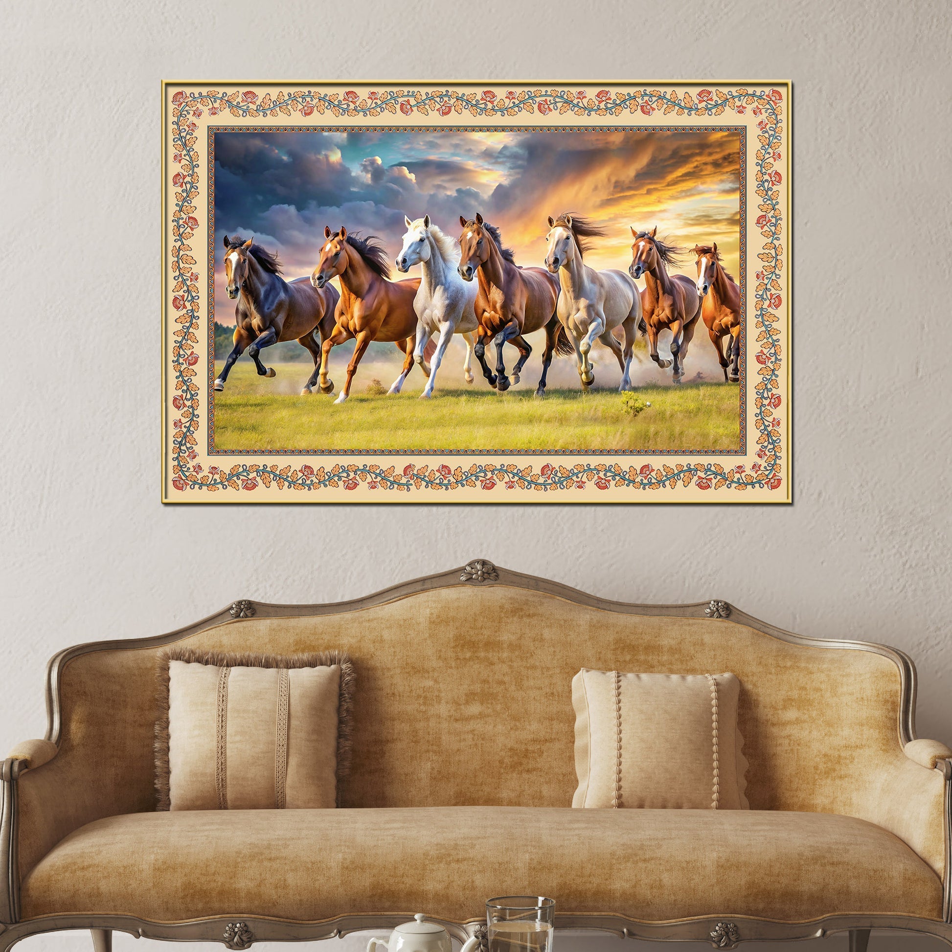 Seven Horses Running Floral Border Canvas Wall Painting Secondary image