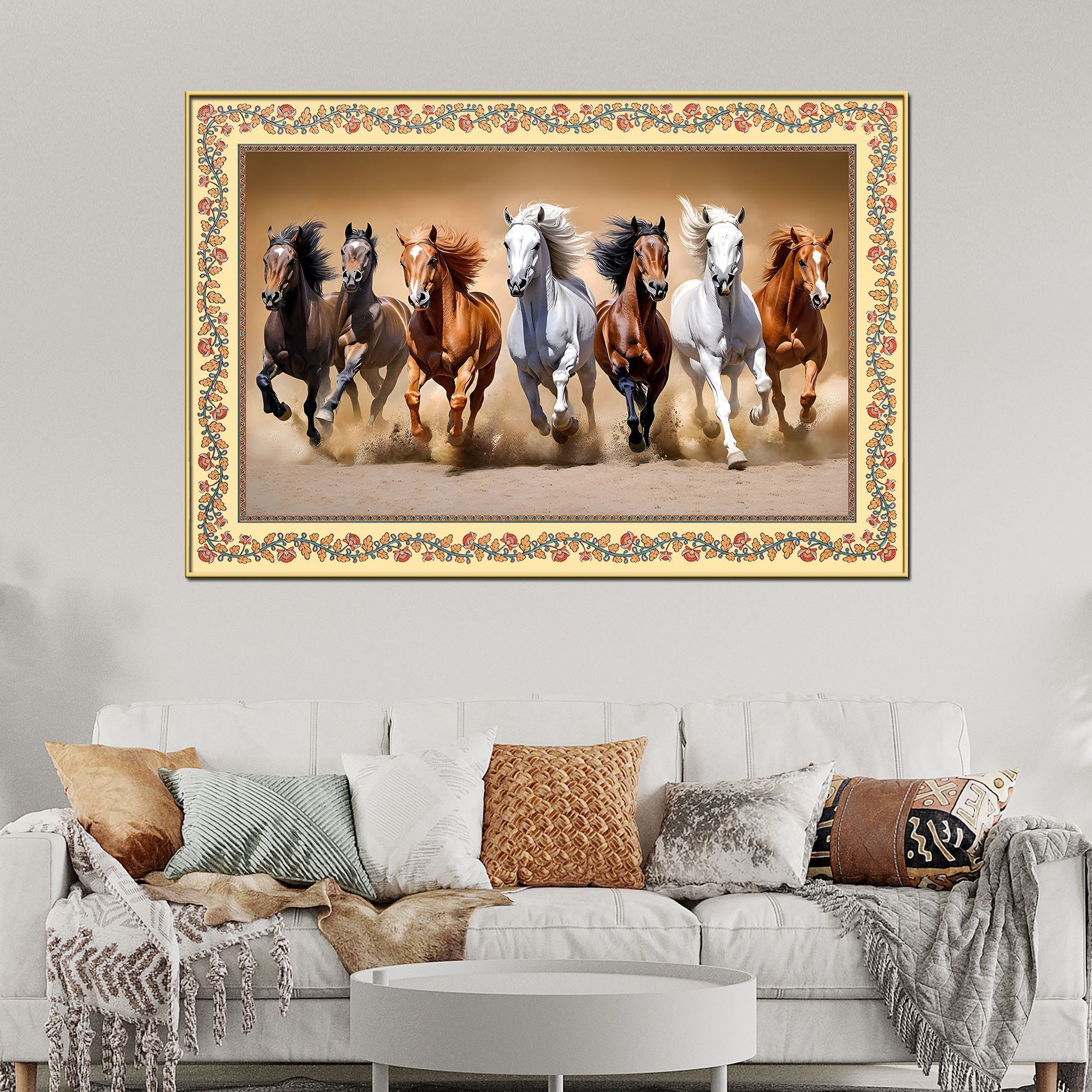 Seven Horses Running in Desert Floral Border Canvas Wall Painting Main image