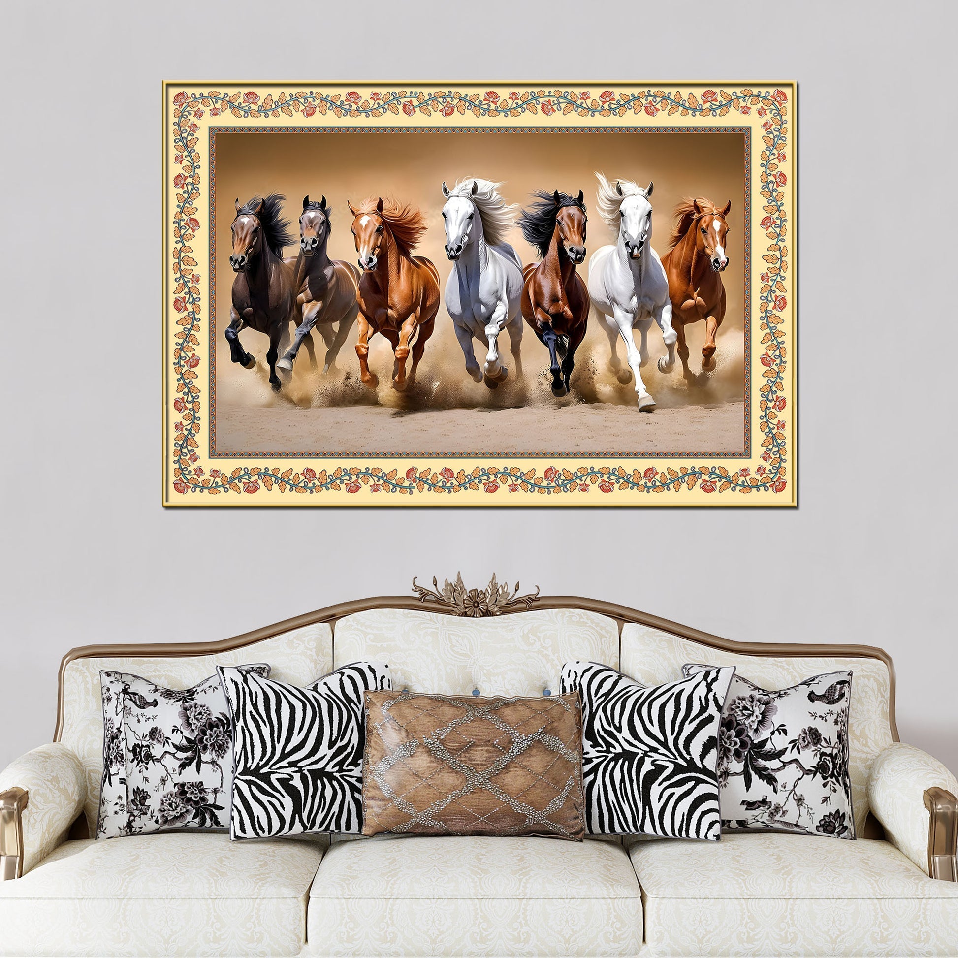 Seven Horses Running in Desert Floral Border Canvas Wall Painting Secondary image