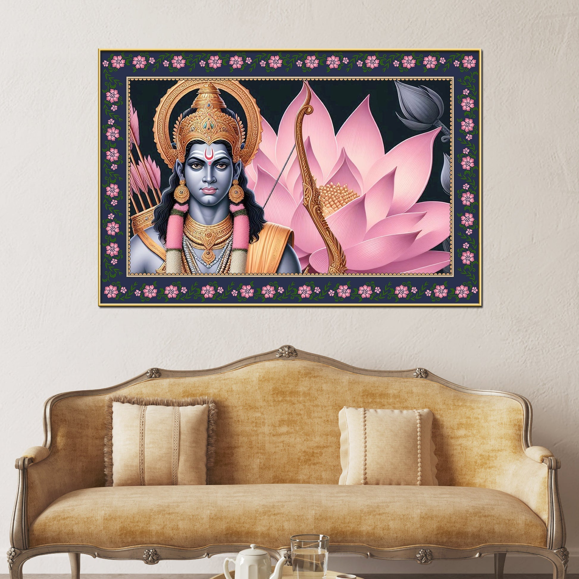 Shree Ram in Lotus Background Floral Border Canvas Wall Painting Main image