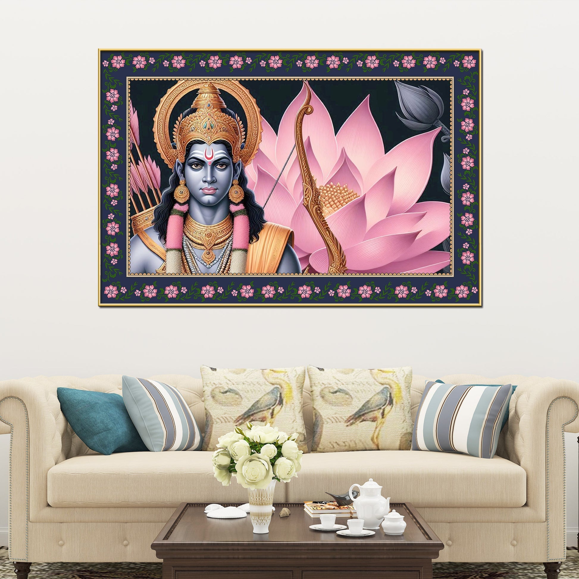 Shree Ram in Lotus Background Floral Border Canvas Wall Painting Secondary image