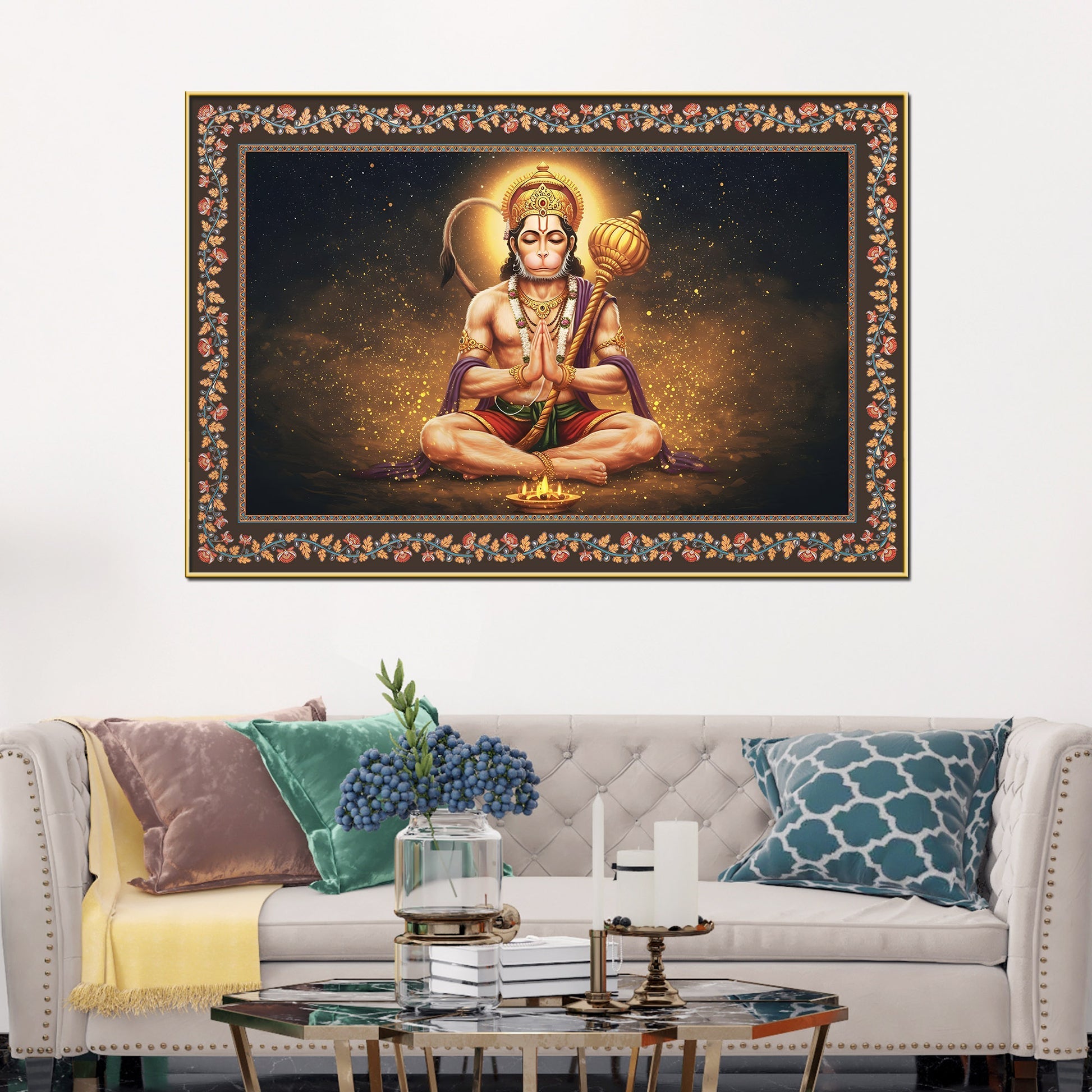 Shri Bajrangi Hanuman Floral Border Canvas Wall Painting Main image