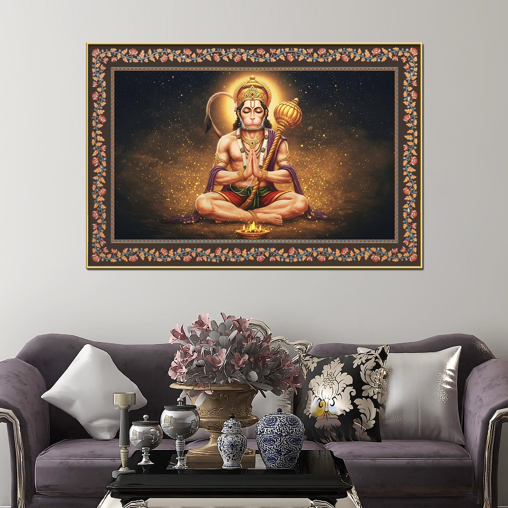 Shri Bajrangi Hanuman Floral Border Canvas Wall Painting Secondary image