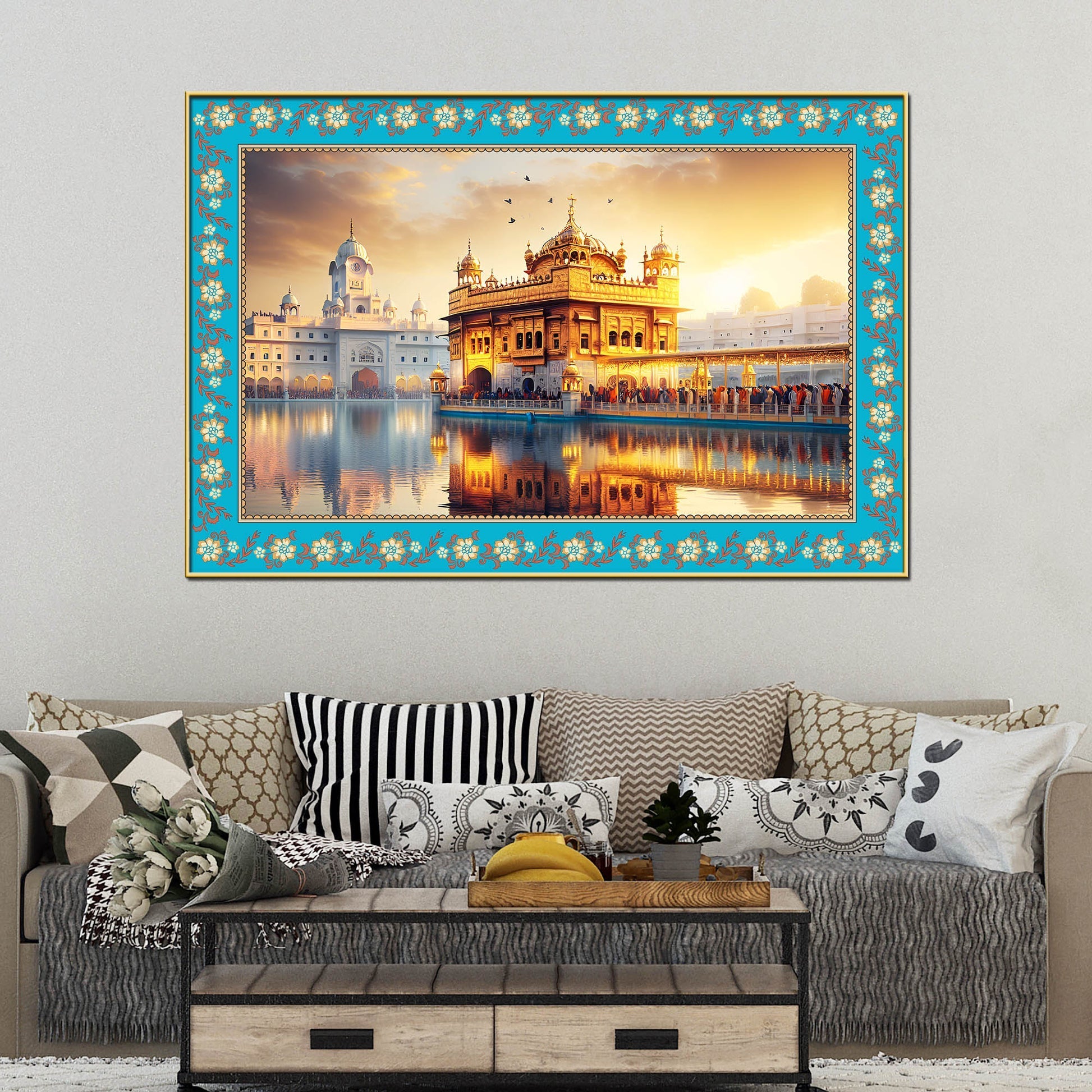 Sri Harmandir Sahib Gurdwara Floral Border Canvas Wall Painting Secondary image