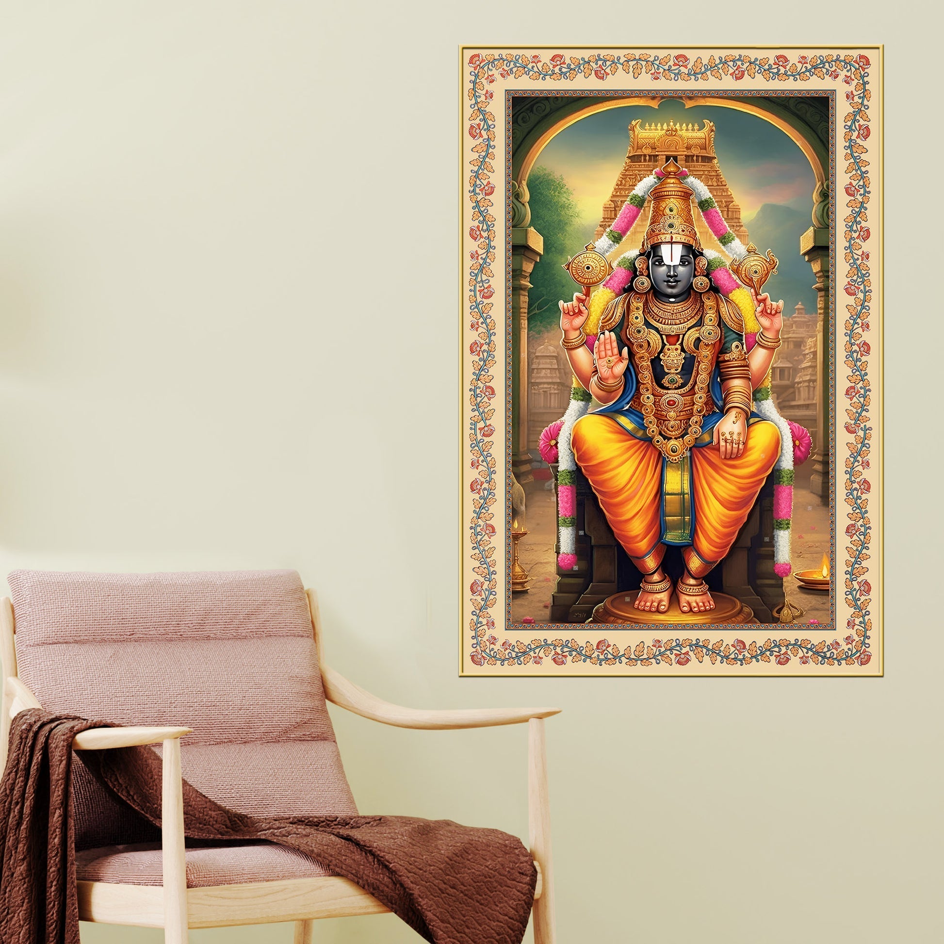 Sri Tirupati Balaji Floral Border Vertical Canvas Wall Painting Secondary image