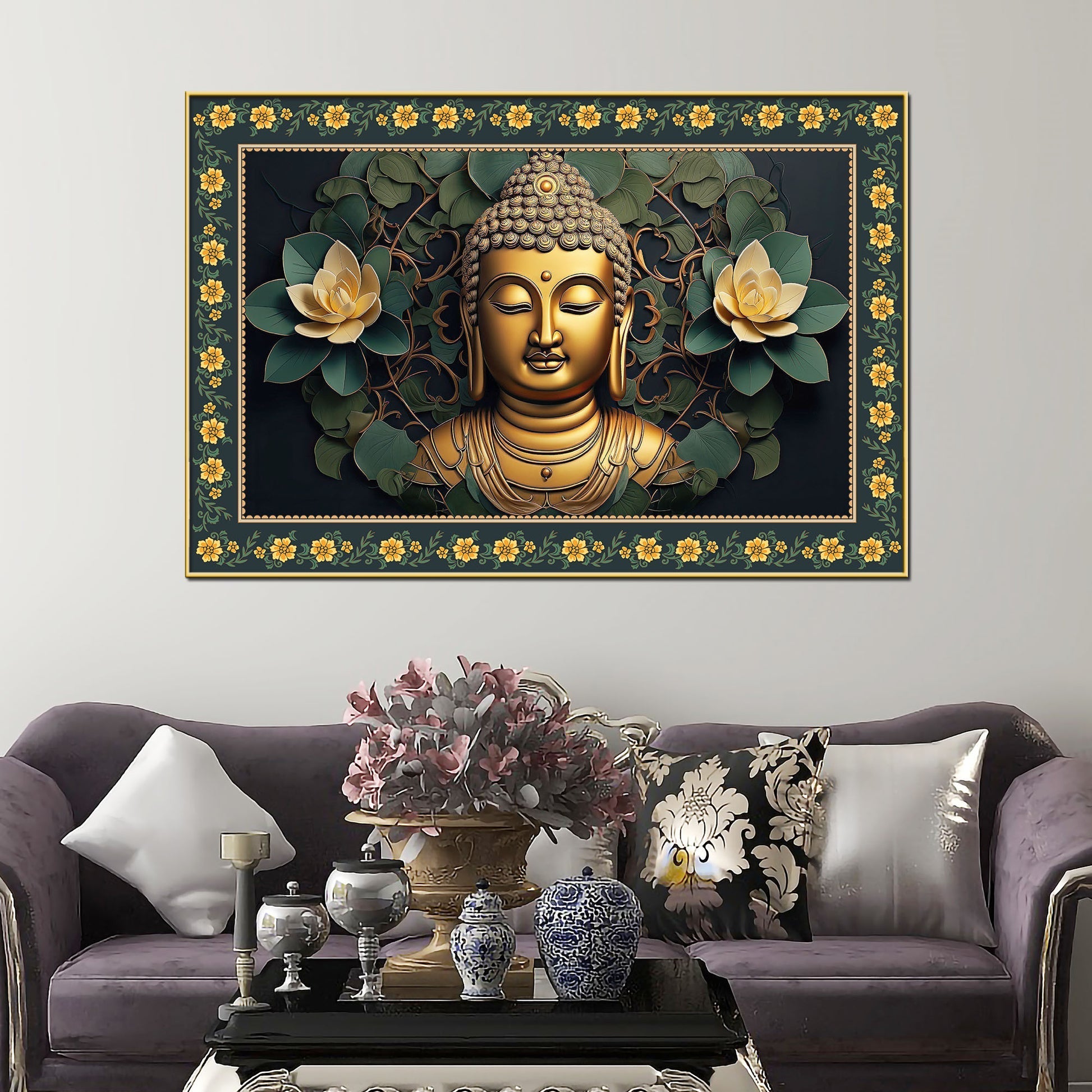 Symbol of Peace Gautam Buddha Border Canvas Wall Painting Main image